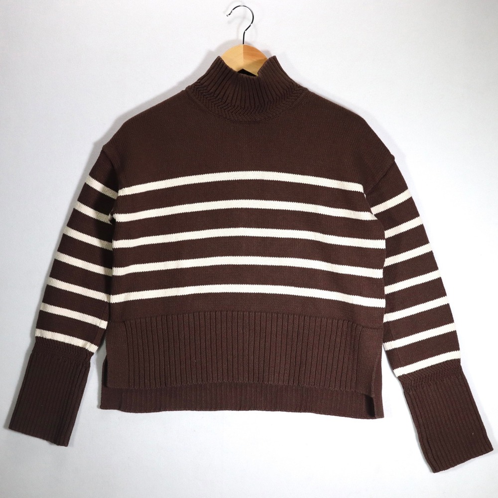 Veronica Beard Sweater Womens Small Brown Striped Mock Neck Cotton J2311KD